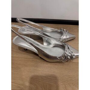 Silver Slingback Pointed-Toe Heels With Embellished Straps 2-Inch Kitten Heel By